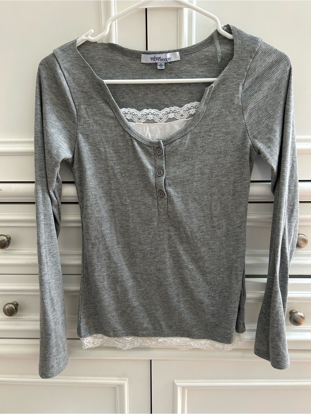 Velvet Moon Gray Ribbed Henley Lace-Trim Top